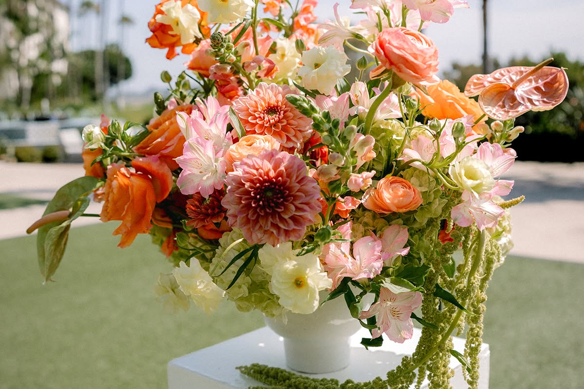 Ceremony arrangement of peach roses, dahlias, and anthurium on a white pedestal with hanging amaranthus.