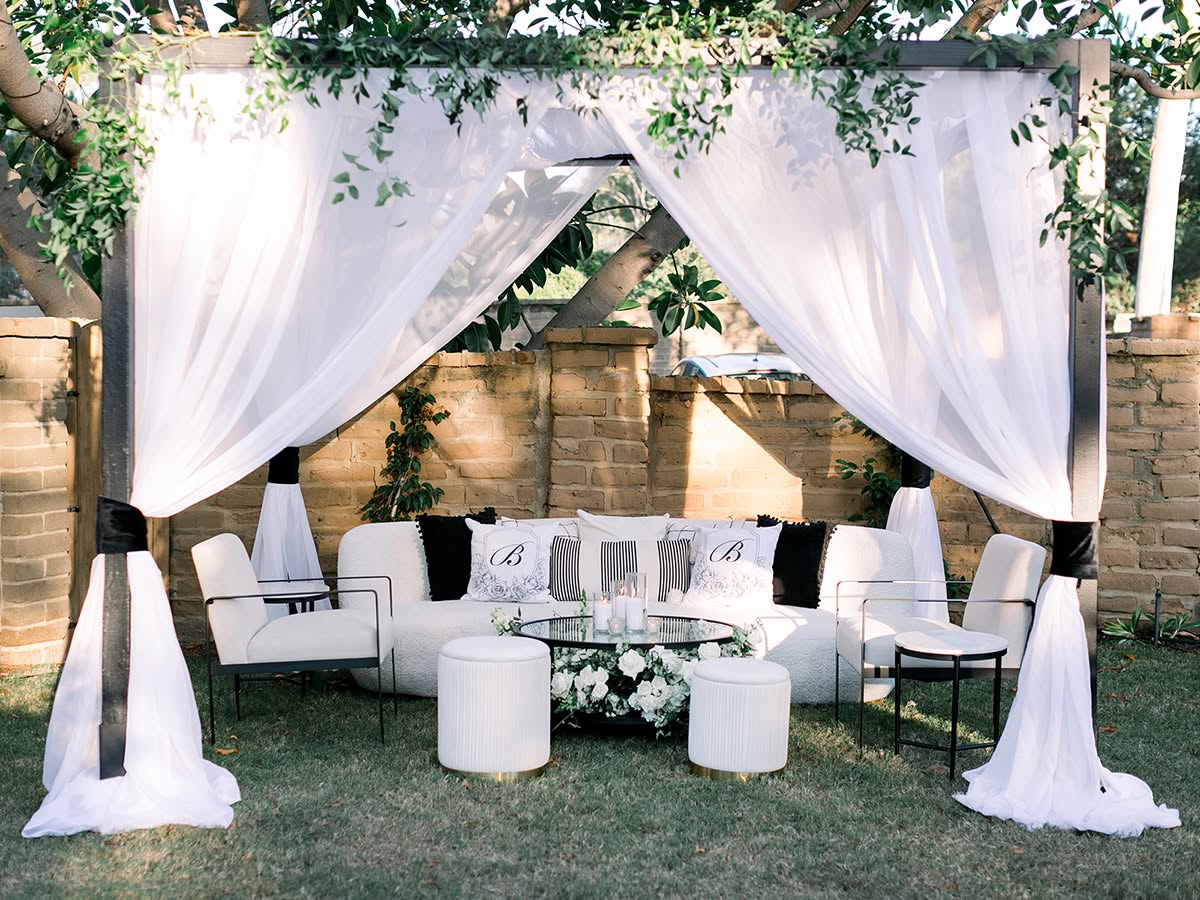A classic black-and-white Rancho Valencia wedding for Claire and Collin, planned by Bliss Events.