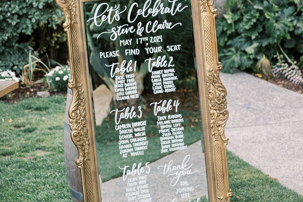 Gold-framed seating chart displayed on the lawn for an outdoor wedding reception.